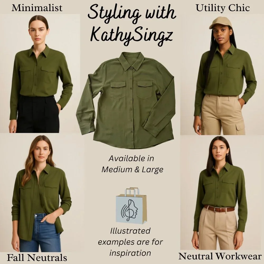 Olive Green Top Size Large Button Front Long Sleeve Blouse Fall Utility Neutral - Picture 8 of 10